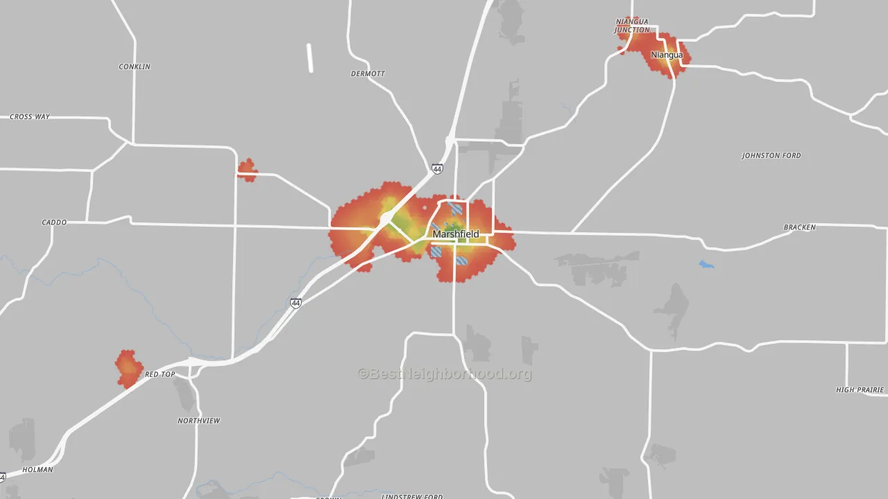 Walk Grade map of Marshfield, MO, walkable areas in green and car-dependent areas in red