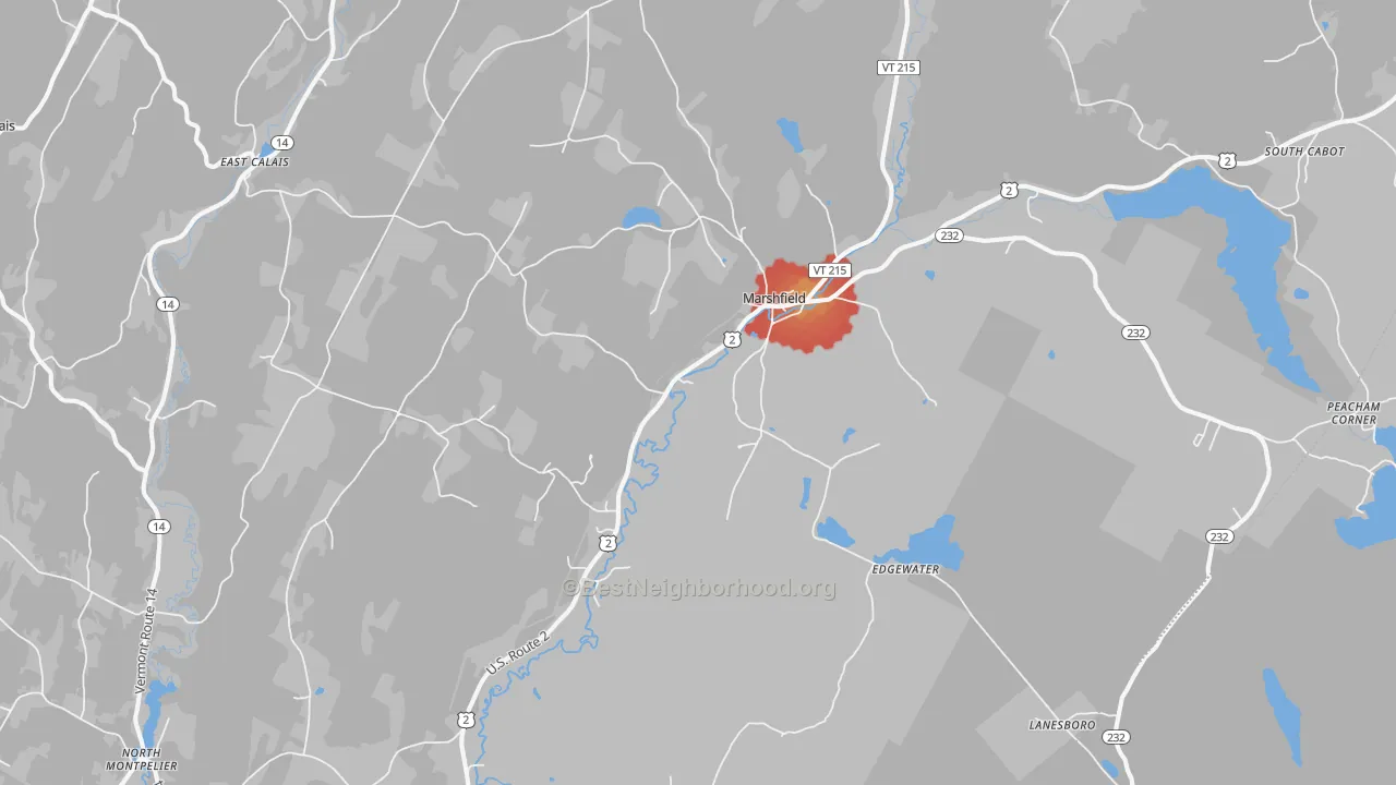 Walk Grade map of Marshfield, VT, walkable areas in green and car-dependent areas in red