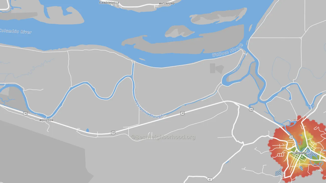 Walk Grade map of Marshland, OR, walkable areas in green and car-dependent areas in red