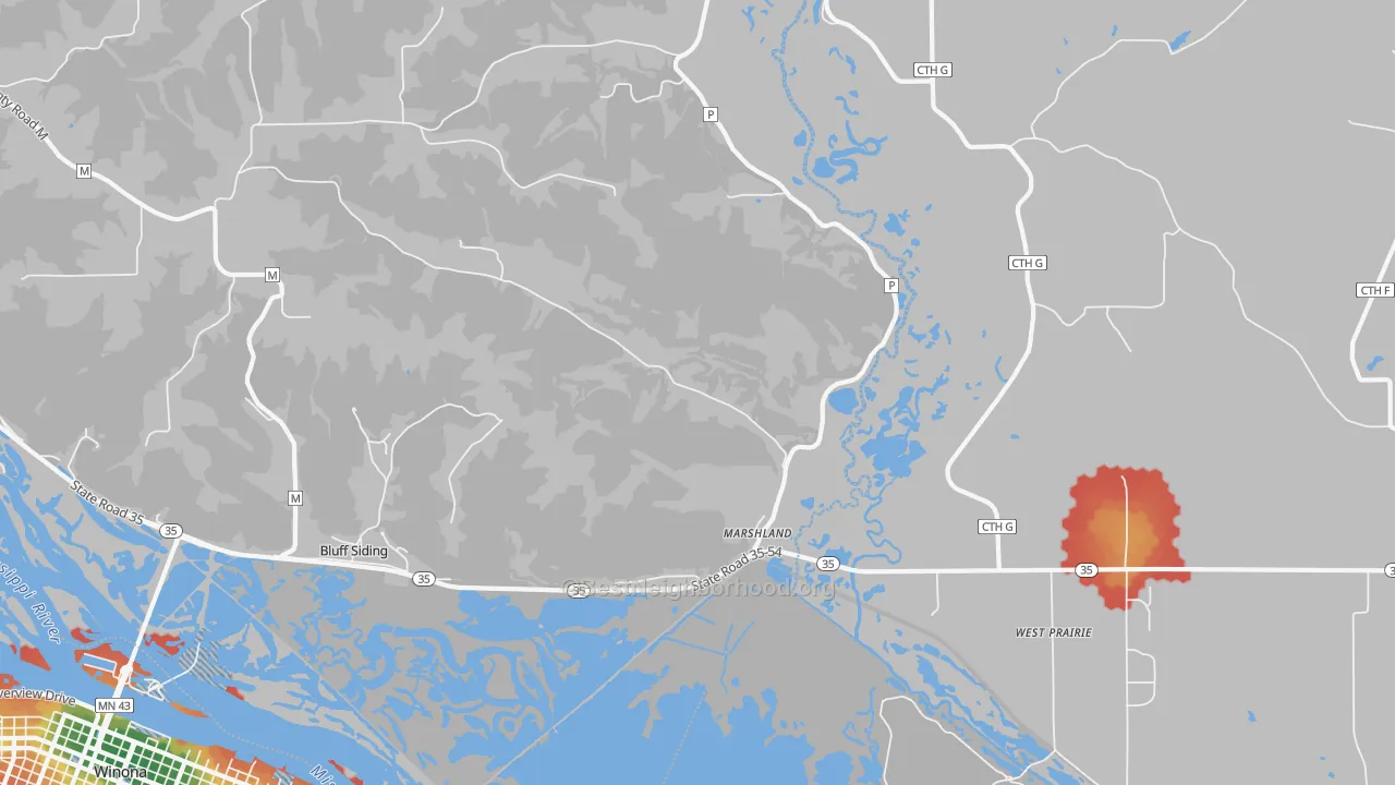 Walk Grade map of Marshland, WI, walkable areas in green and car-dependent areas in red