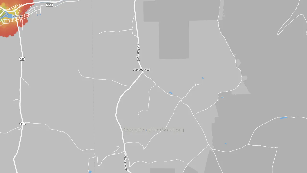 Walk Grade map of Marshlands, PA, walkable areas in green and car-dependent areas in red