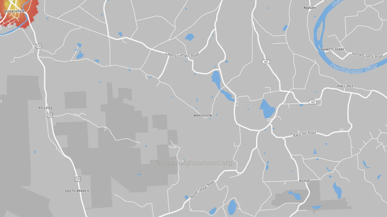 Walk Grade map of Marshview, PA, walkable areas in green and car-dependent areas in red