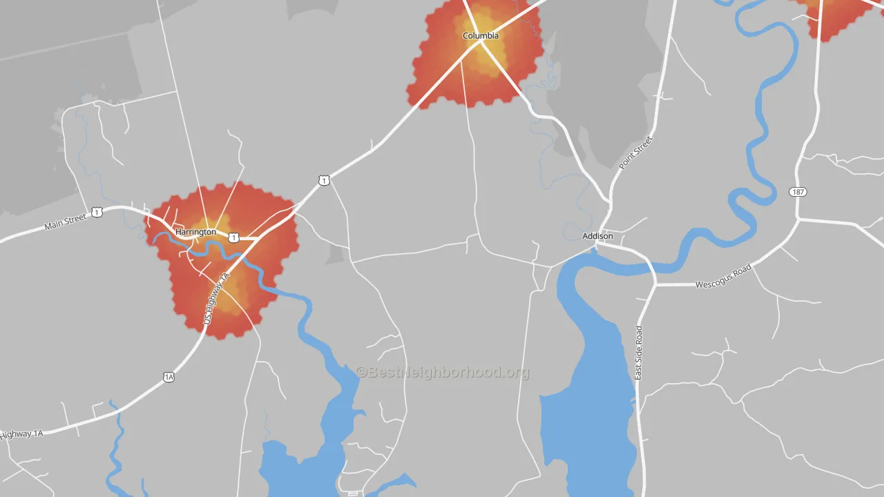 Walk Grade map of Marshville, ME, walkable areas in green and car-dependent areas in red