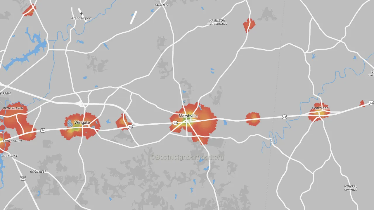 Walk Grade map of Marshville, NC, walkable areas in green and car-dependent areas in red