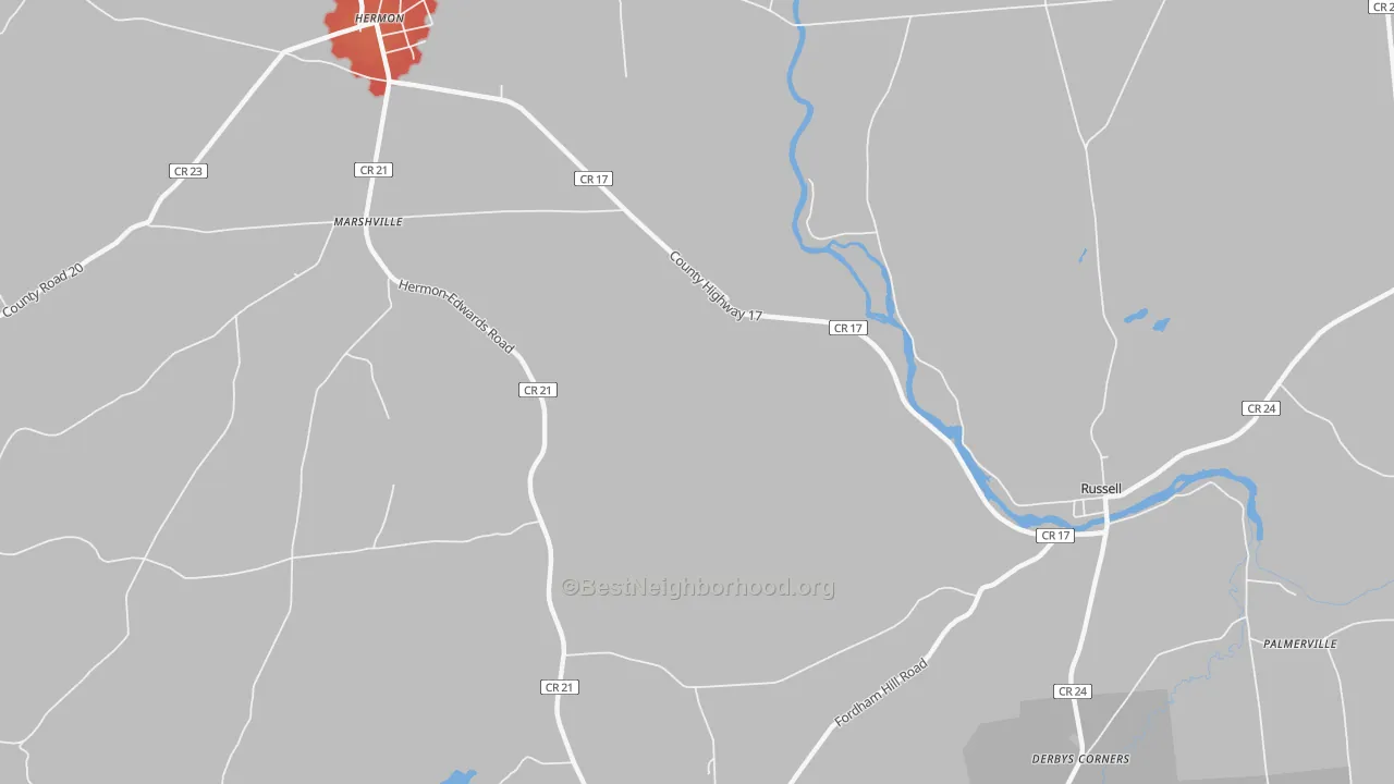 Walk Grade map of Marshville, NY, walkable areas in green and car-dependent areas in red