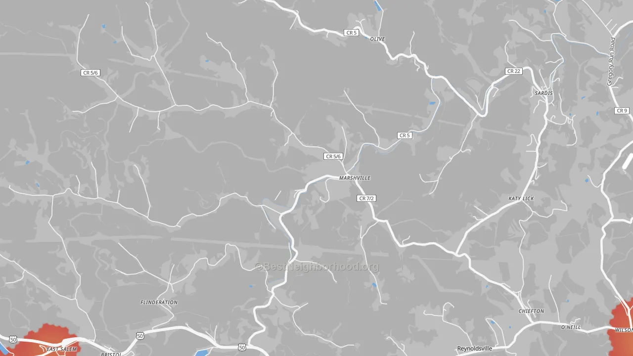 Walk Grade map of Marshville, WV, walkable areas in green and car-dependent areas in red