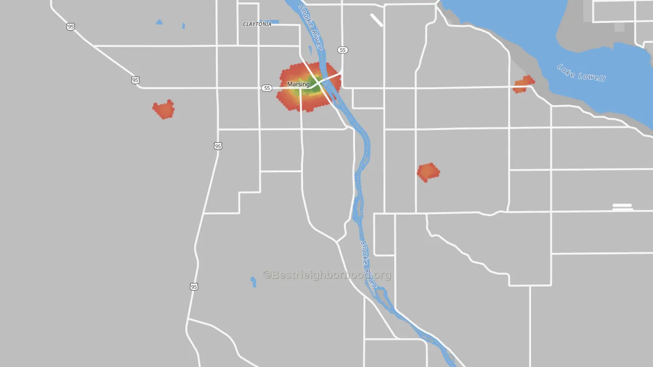 Walk Grade map of Marsing, ID, walkable areas in green and car-dependent areas in red