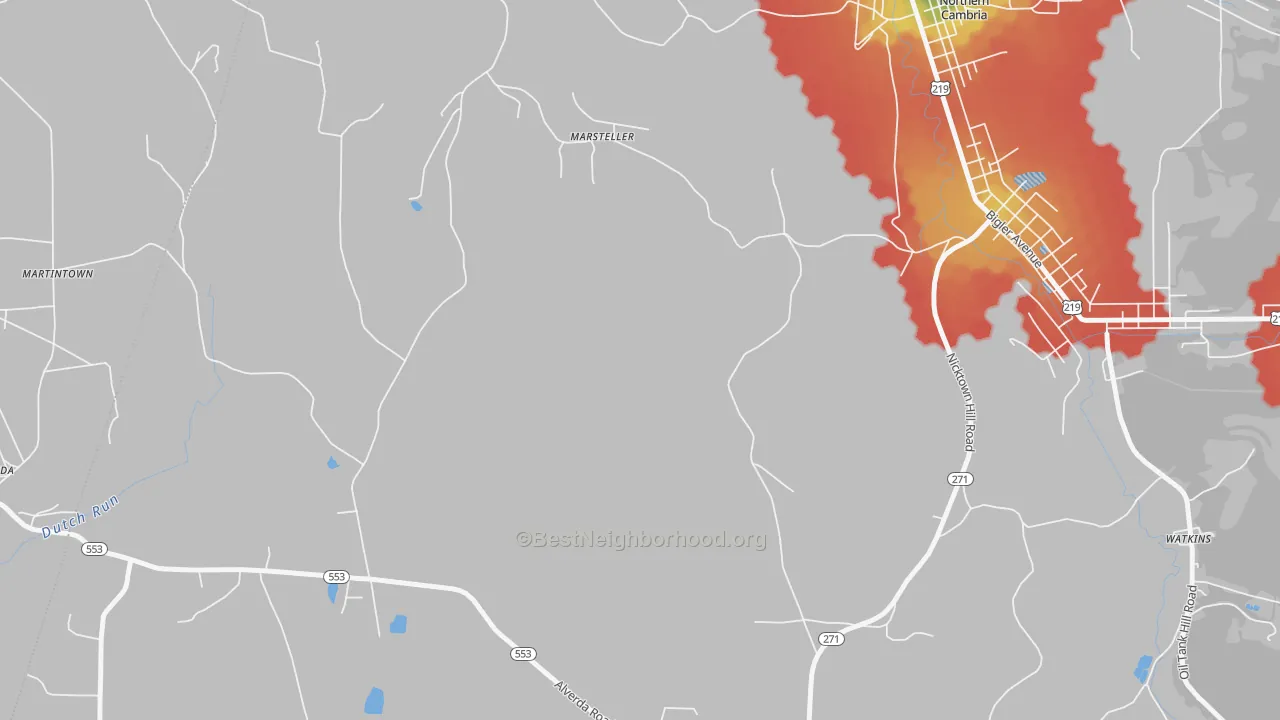 Walk Grade map of Marsteller, PA, walkable areas in green and car-dependent areas in red