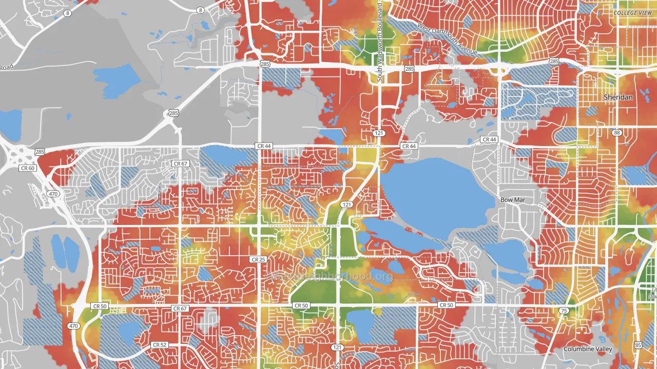 Walk Grade map of Marston, Littleton, CO, walkable areas in green and car-dependent areas in red