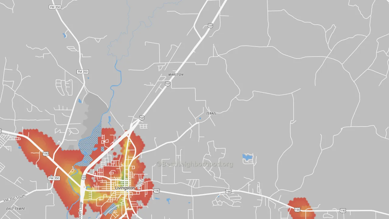 Walk Grade map of Marston, TX, walkable areas in green and car-dependent areas in red