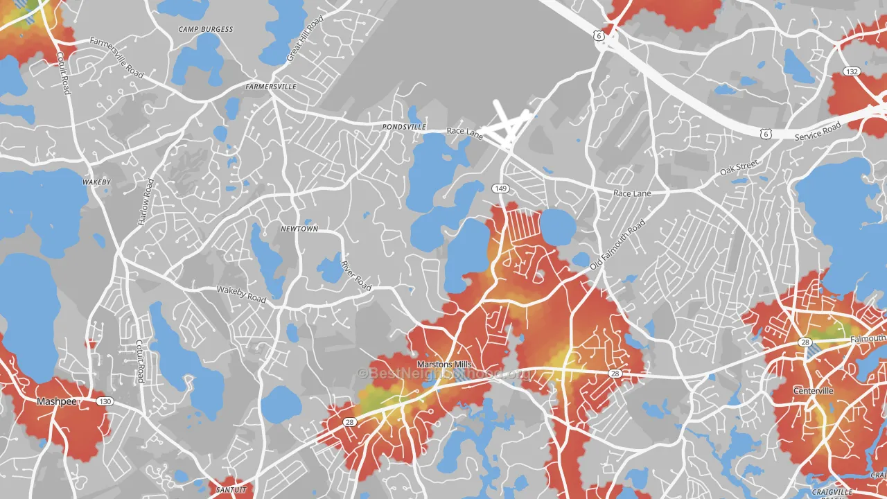 Walk Grade map of Marstons Mills, MA, walkable areas in green and car-dependent areas in red