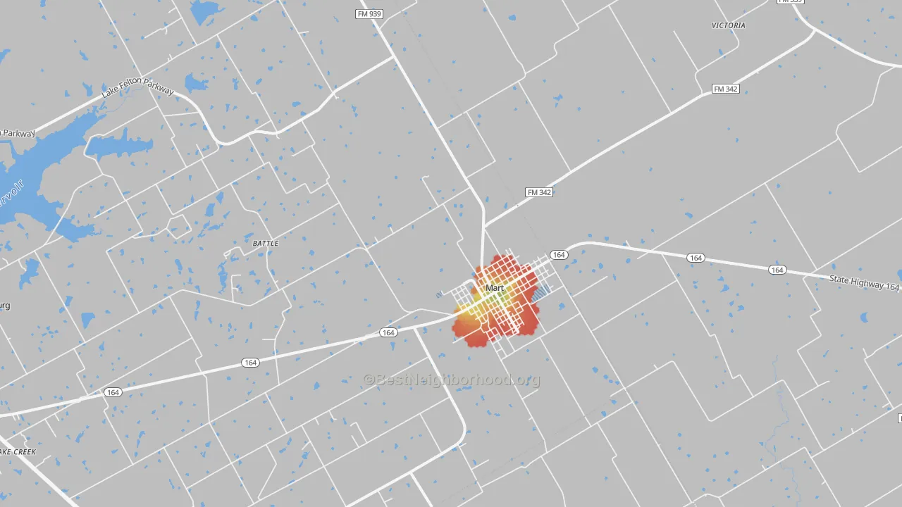 Walk Grade map of Mart, TX, walkable areas in green and car-dependent areas in red