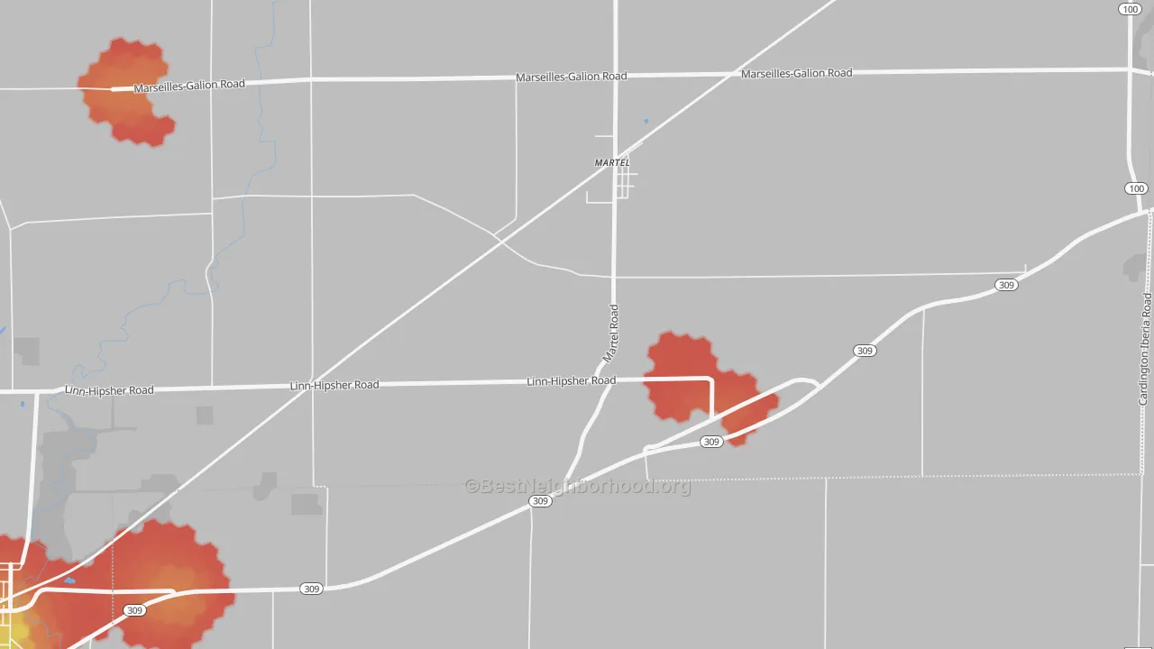 Walk Grade map of Martel, OH, walkable areas in green and car-dependent areas in red