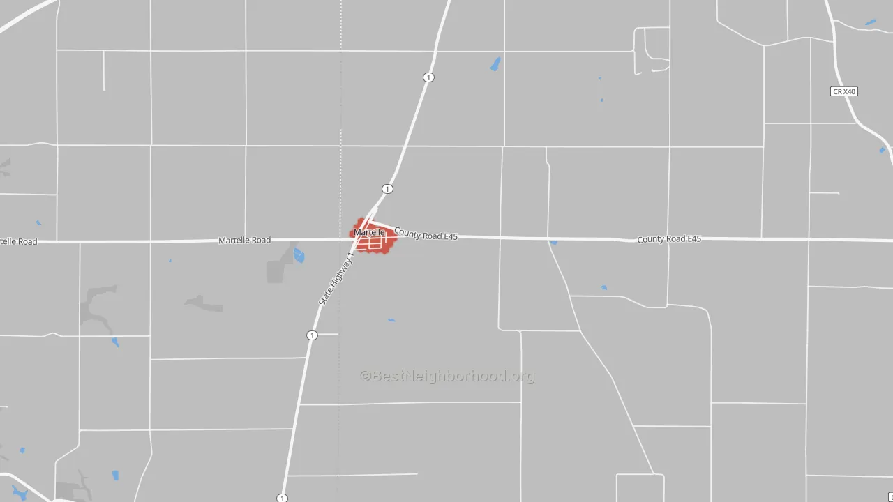 Walk Grade map of Martelle, IA, walkable areas in green and car-dependent areas in red