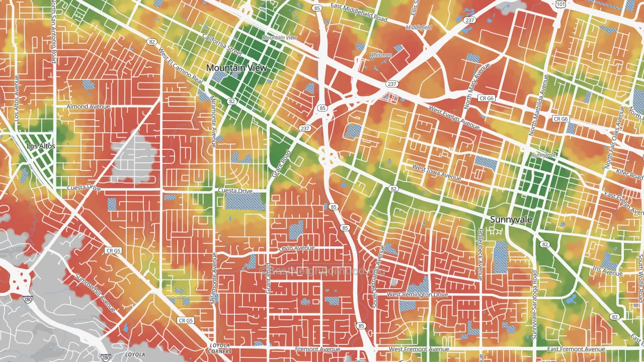 Walk Grade map of Martens-Carmelita, Mountain View, CA, walkable areas in green and car-dependent areas in red