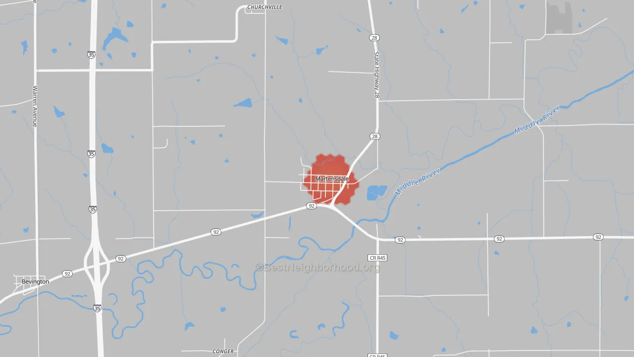 Walk Grade map of Martensdale, IA, walkable areas in green and car-dependent areas in red