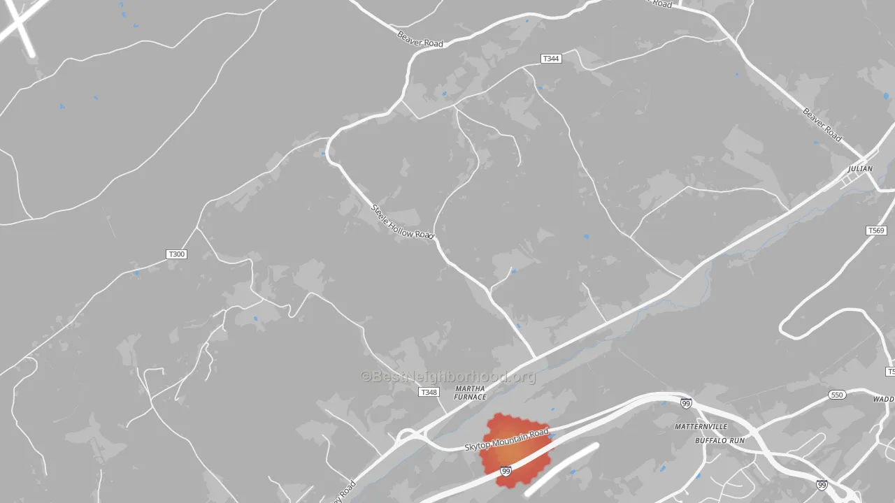 Walk Grade map of Martha Furnace, PA, walkable areas in green and car-dependent areas in red