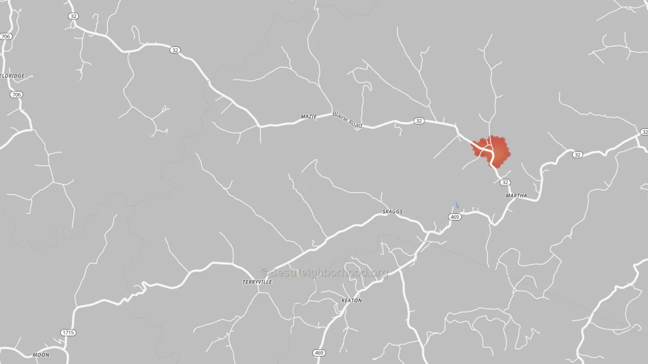 Walk Grade map of Martha, KY, walkable areas in green and car-dependent areas in red