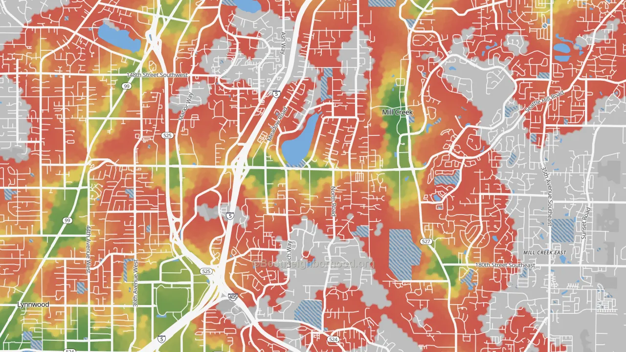 Walk Grade map of Martha Lake, Lynnwood, WA, walkable areas in green and car-dependent areas in red