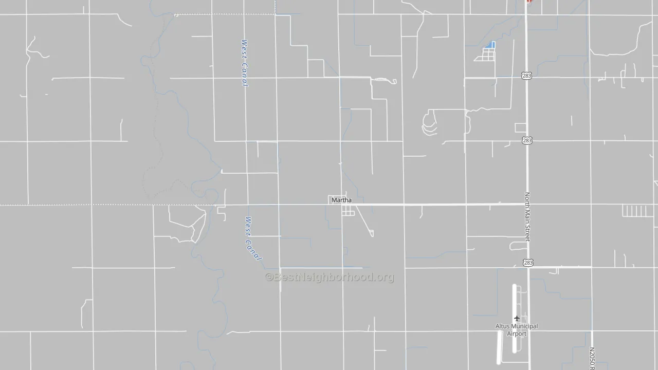 Walk Grade map of Martha, OK, walkable areas in green and car-dependent areas in red