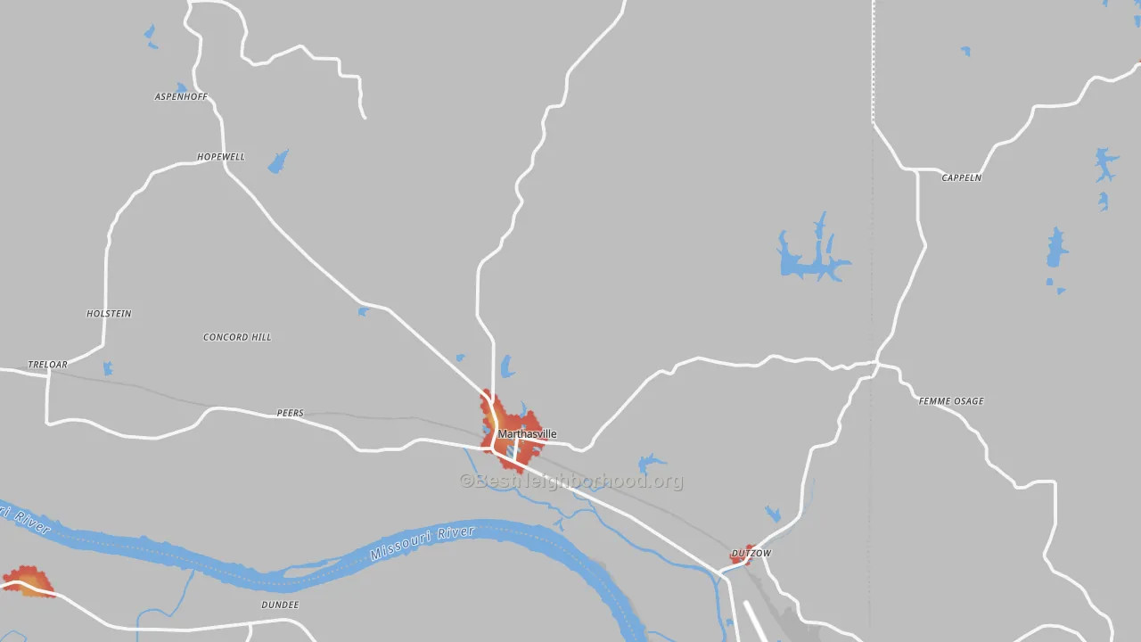 Walk Grade map of Marthasville, MO, walkable areas in green and car-dependent areas in red