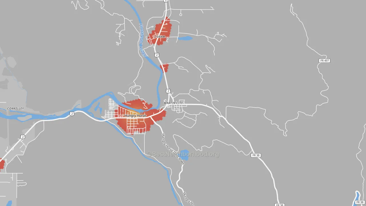 Walk Grade map of Martin City, MT, walkable areas in green and car-dependent areas in red