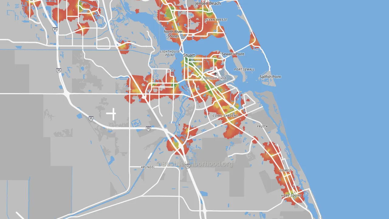 Walk Grade map of Martin County, FL, walkable areas in green and car-dependent areas in red