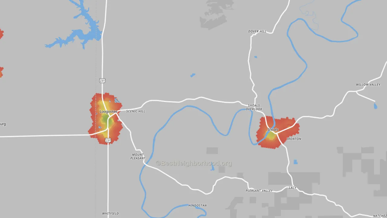 Walk Grade map of Martin County, IN, walkable areas in green and car-dependent areas in red