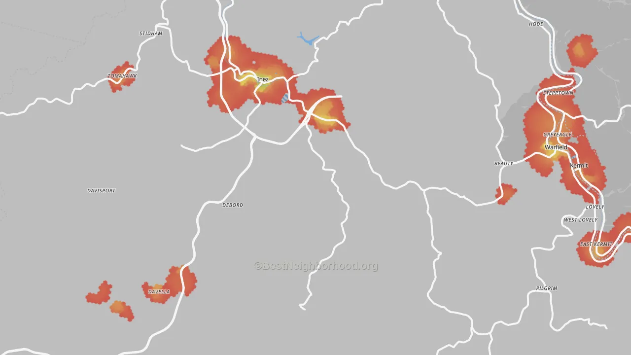 Walk Grade map of Martin County, KY, walkable areas in green and car-dependent areas in red