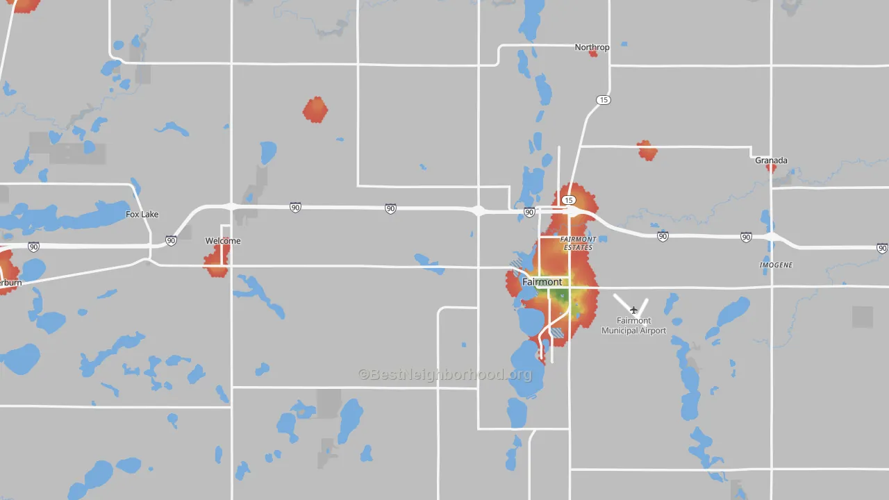 Walk Grade map of Martin County, MN, walkable areas in green and car-dependent areas in red