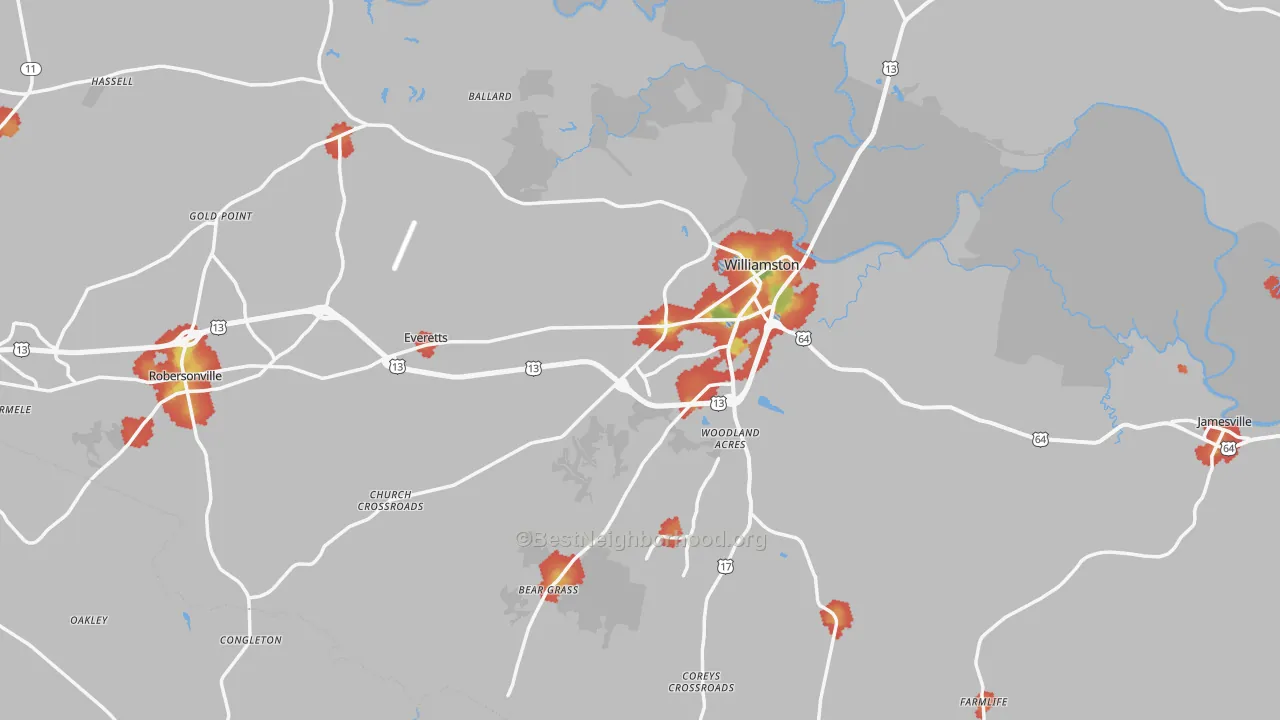 Walk Grade map of Martin County, NC, walkable areas in green and car-dependent areas in red