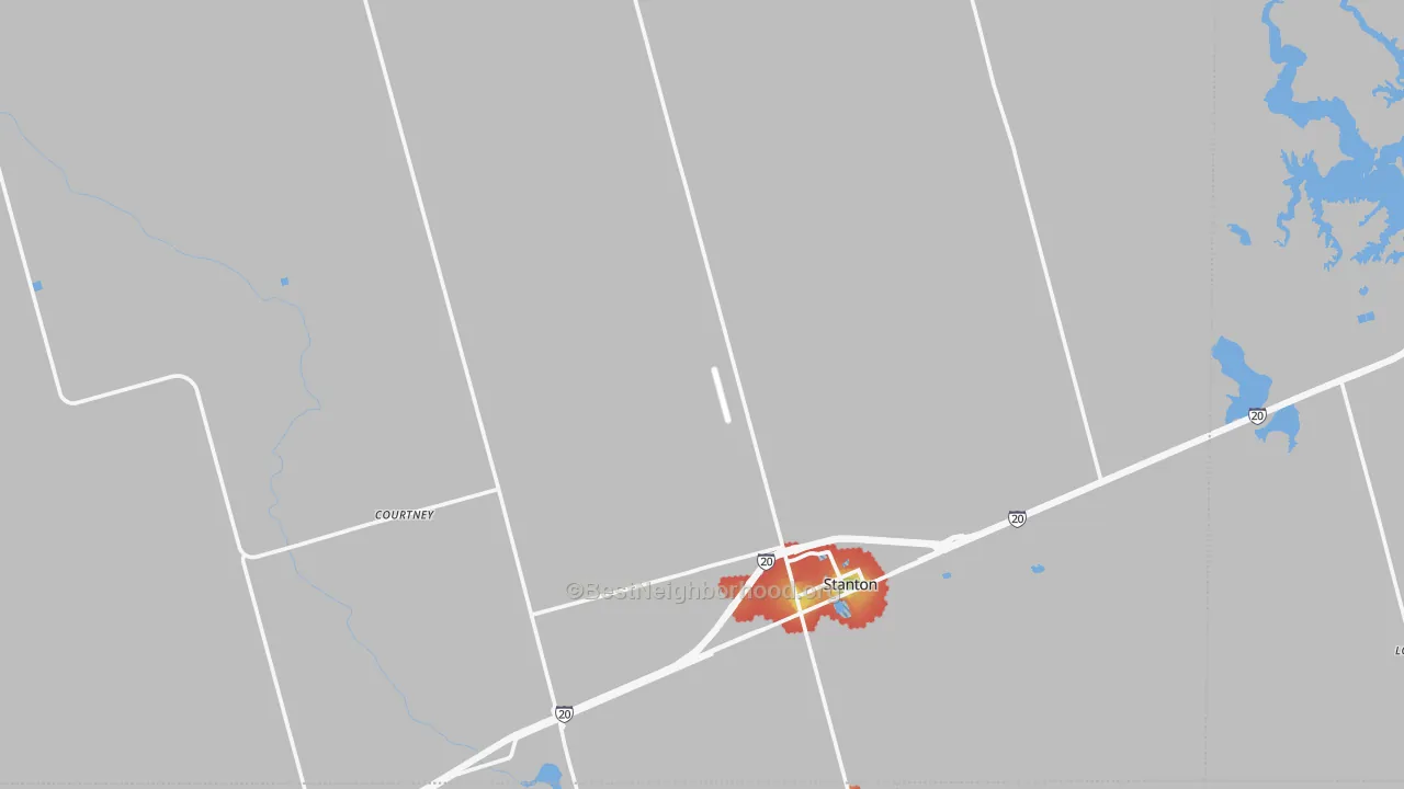Walk Grade map of Martin County, TX, walkable areas in green and car-dependent areas in red
