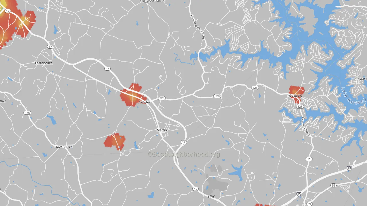 Walk Grade map of Martin, GA, walkable areas in green and car-dependent areas in red