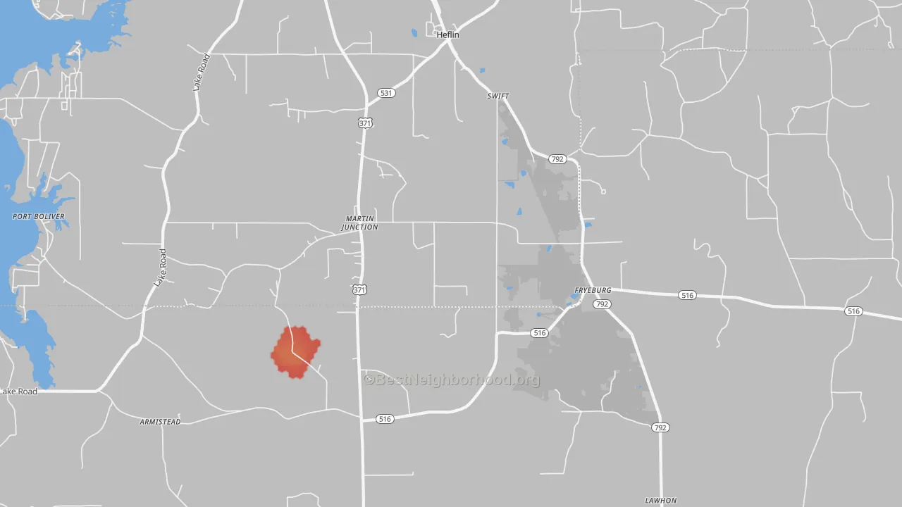 Walk Grade map of Martin Junction, LA, walkable areas in green and car-dependent areas in red