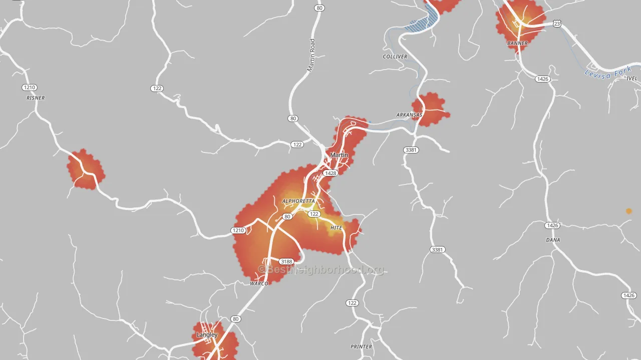 Walk Grade map of Martin, KY, walkable areas in green and car-dependent areas in red