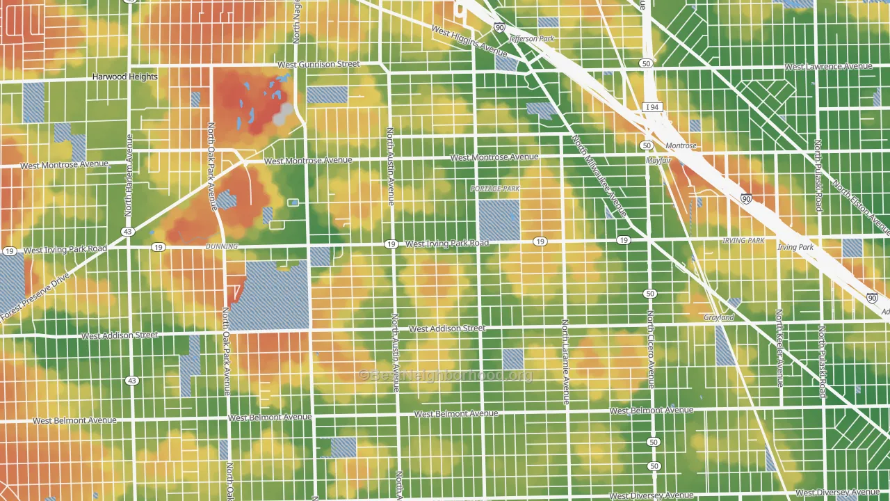 Walk Grade map of Martin Luther, Chicago, IL, walkable areas in green and car-dependent areas in red