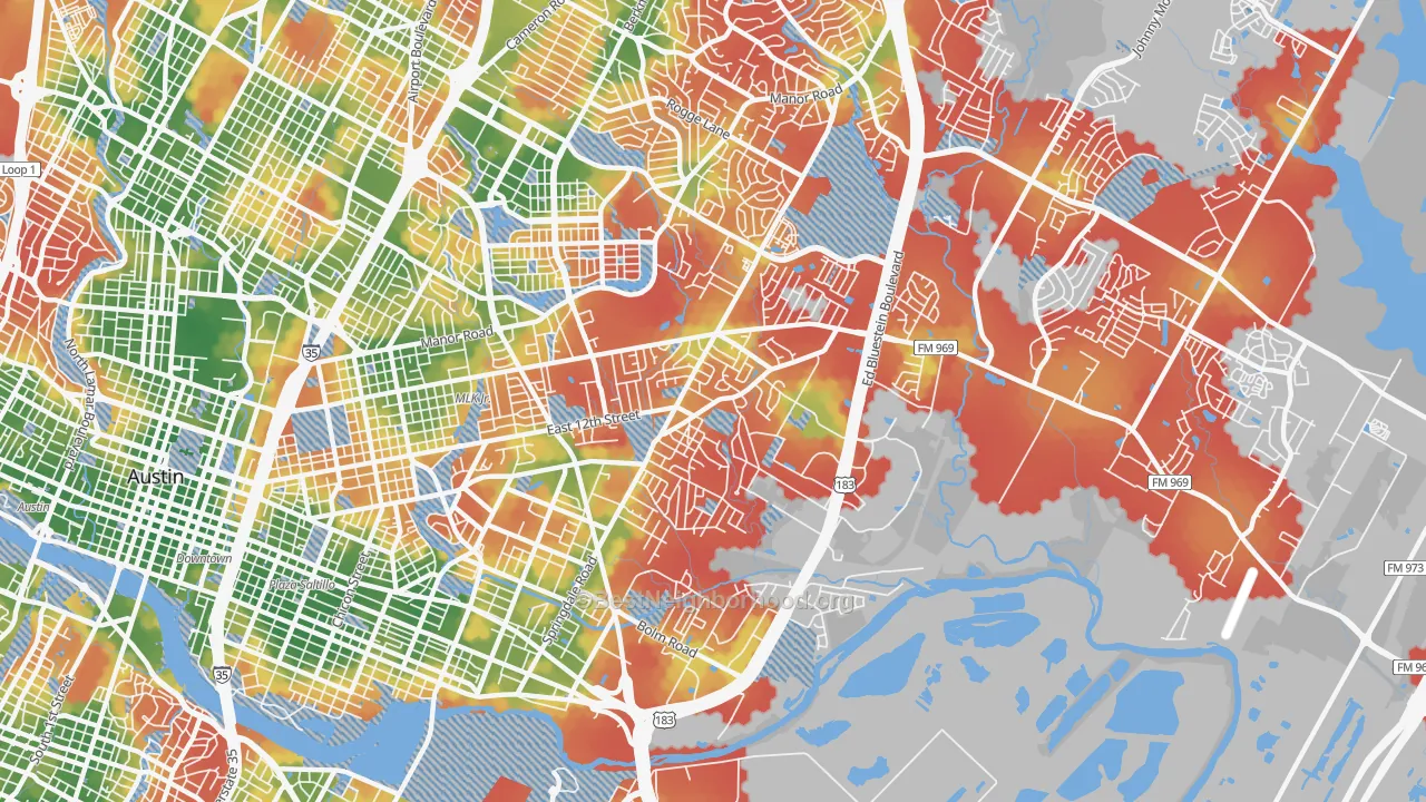 Walk Grade map of Martin Luther King, Austin, TX, walkable areas in green and car-dependent areas in red