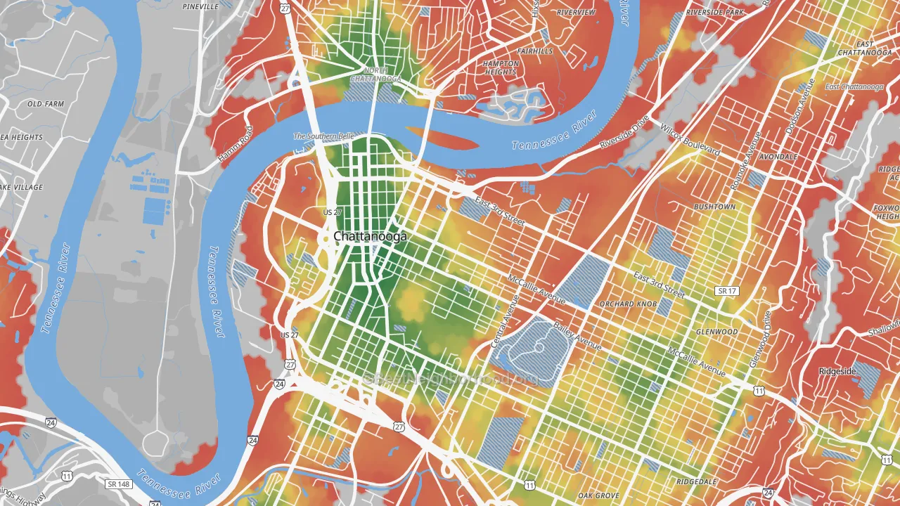 Walk Grade map of Martin Luther King, Chattanooga, TN, walkable areas in green and car-dependent areas in red