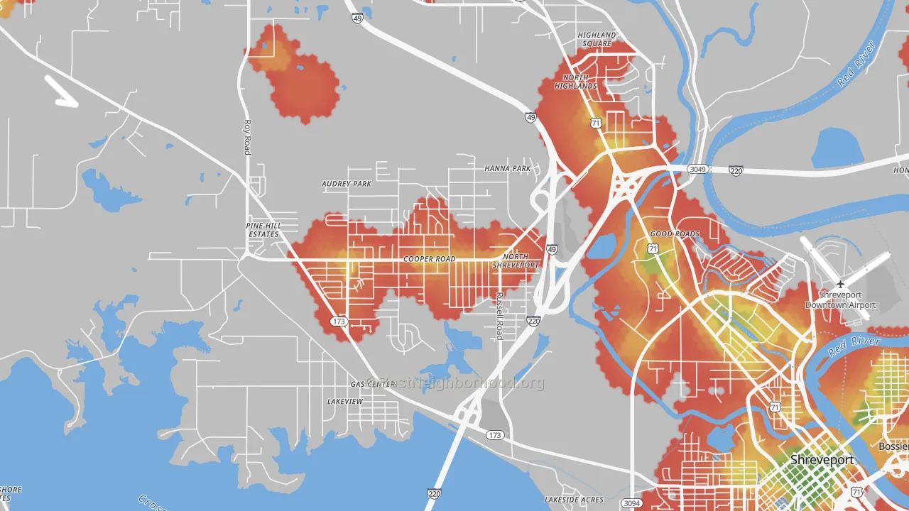Walk Grade map of Martin Luther King, Shreveport, LA, walkable areas in green and car-dependent areas in red