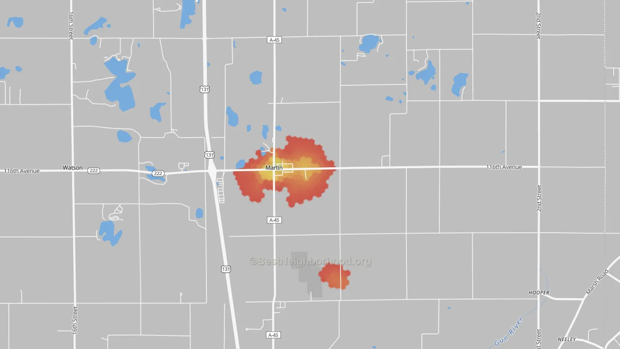Walk Grade map of Martin, MI, walkable areas in green and car-dependent areas in red