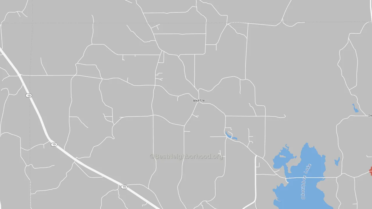 Walk Grade map of Martin, MS, walkable areas in green and car-dependent areas in red