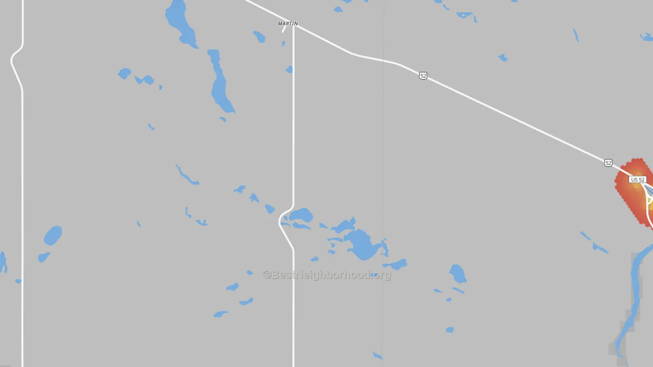 Walk Grade map of Martin, ND, walkable areas in green and car-dependent areas in red