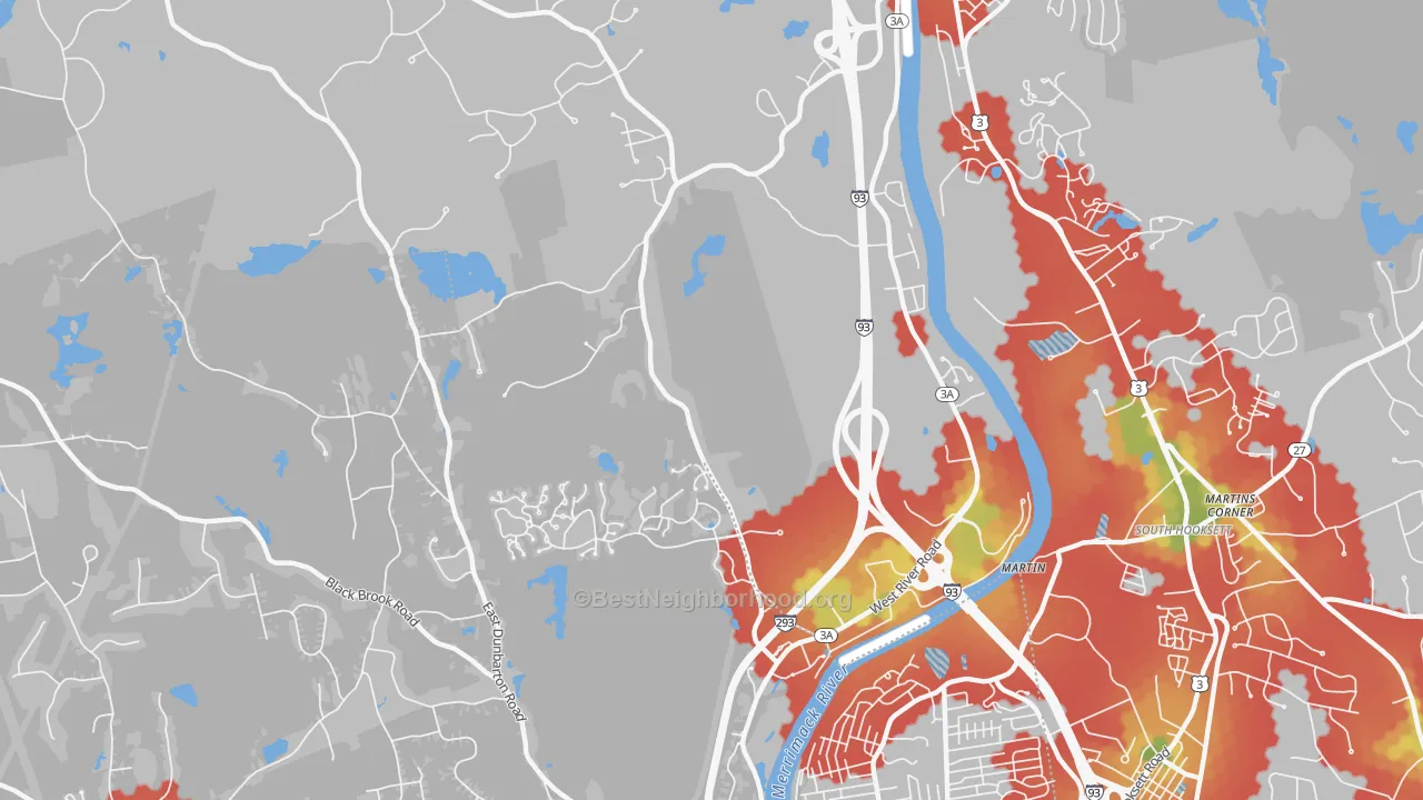 Walk Grade map of Martin, NH, walkable areas in green and car-dependent areas in red