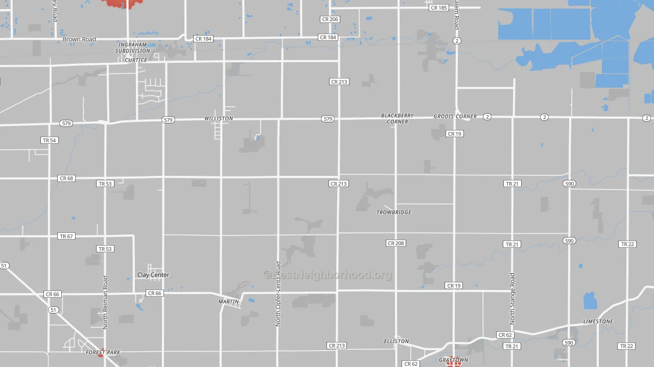 Walk Grade map of Martin, OH, walkable areas in green and car-dependent areas in red