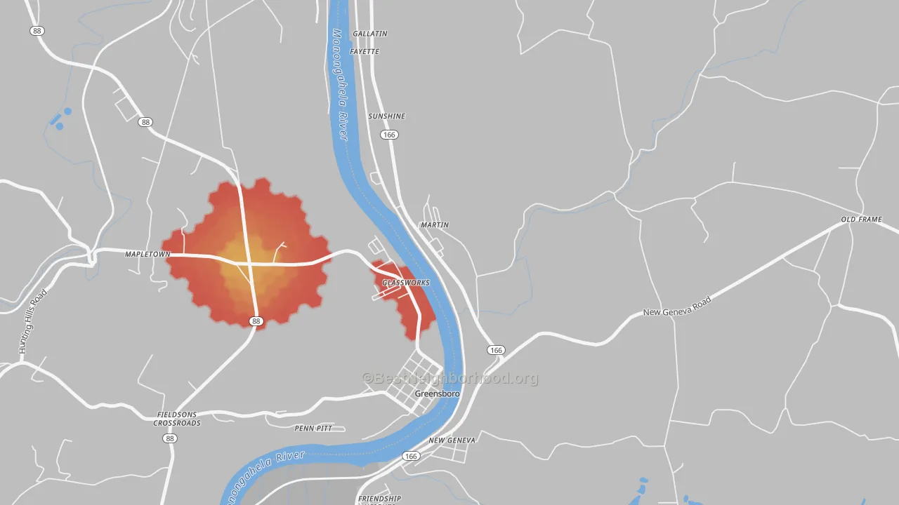 Walk Grade map of Martin, PA, walkable areas in green and car-dependent areas in red