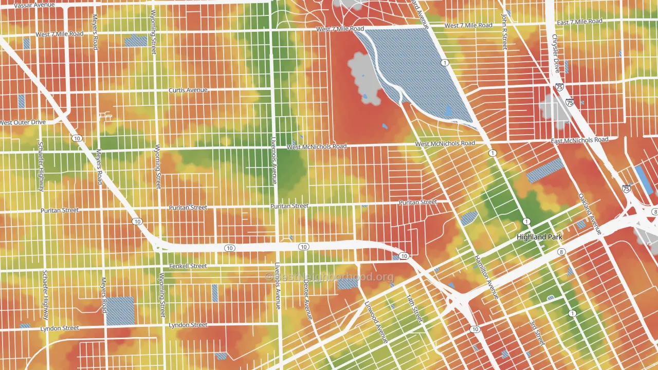 Walk Grade map of Martin Park, Detroit, MI, walkable areas in green and car-dependent areas in red