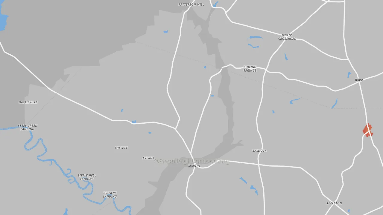 Walk Grade map of Martin, SC, walkable areas in green and car-dependent areas in red