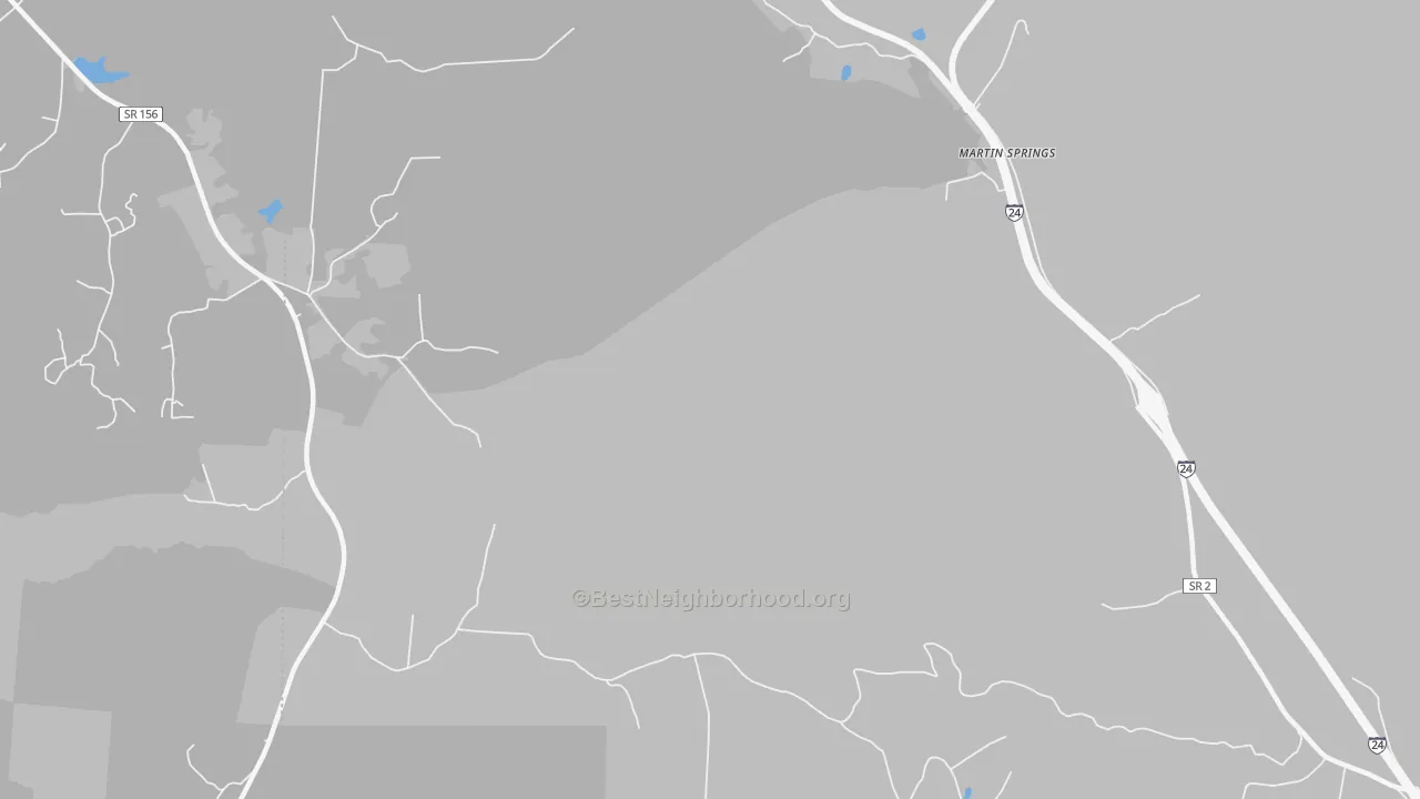 Walk Grade map of Martin Springs, TN, walkable areas in green and car-dependent areas in red