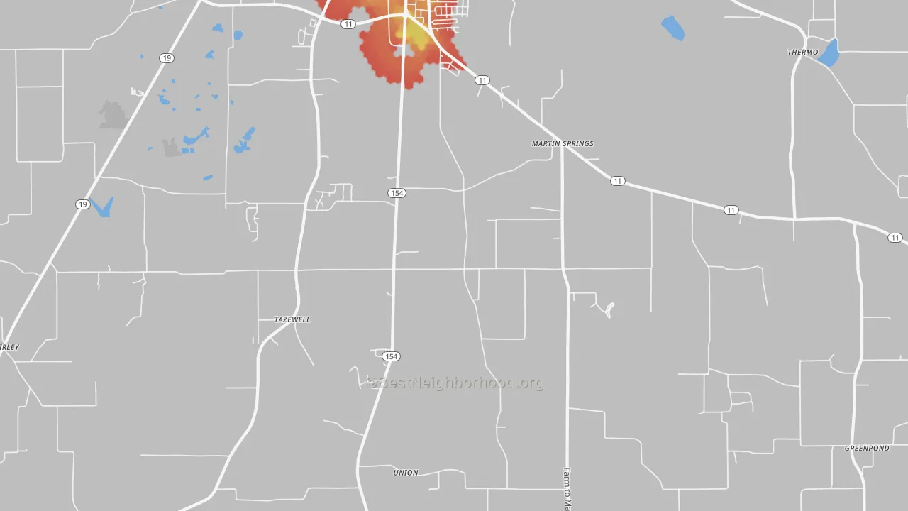 Walk Grade map of Martin Springs, TX, walkable areas in green and car-dependent areas in red