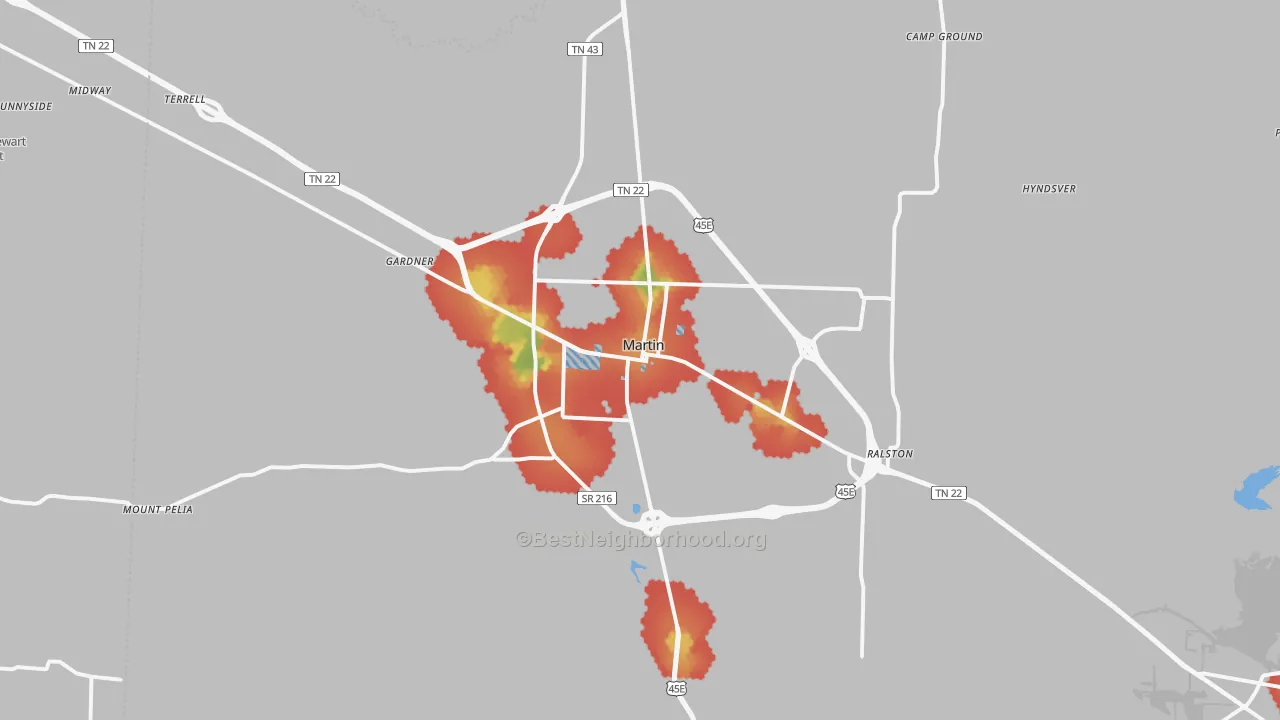 Walk Grade map of Martin, TN, walkable areas in green and car-dependent areas in red